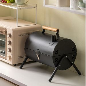 Barbecue Smoker Portable en Métal – Mini Grill Charbon de Bois avec Couvercle & Poignée Bois