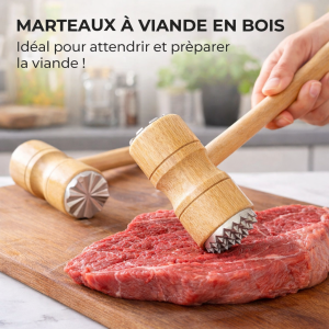 Maillet Attendrisseur de Viande – Double Face, Manche en Bois Naturel – 26cm