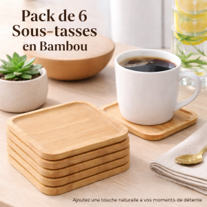Pack de 6 Sous-Tasses en Bois Naturel – Carrés – Élégants & Résistants à la Chaleur