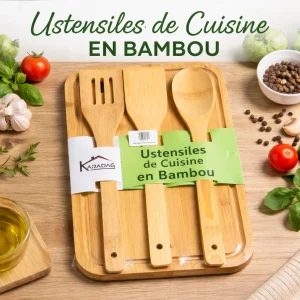 Set de Cuisine en Bambou 4 Pièces avec Plateau – Ustensiles Naturels – 32 × 22 cm