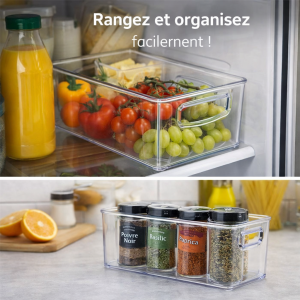 Bac de Rangement Transparent avec Poignées – Organisation Maison & Cuisine – 2 Tailles